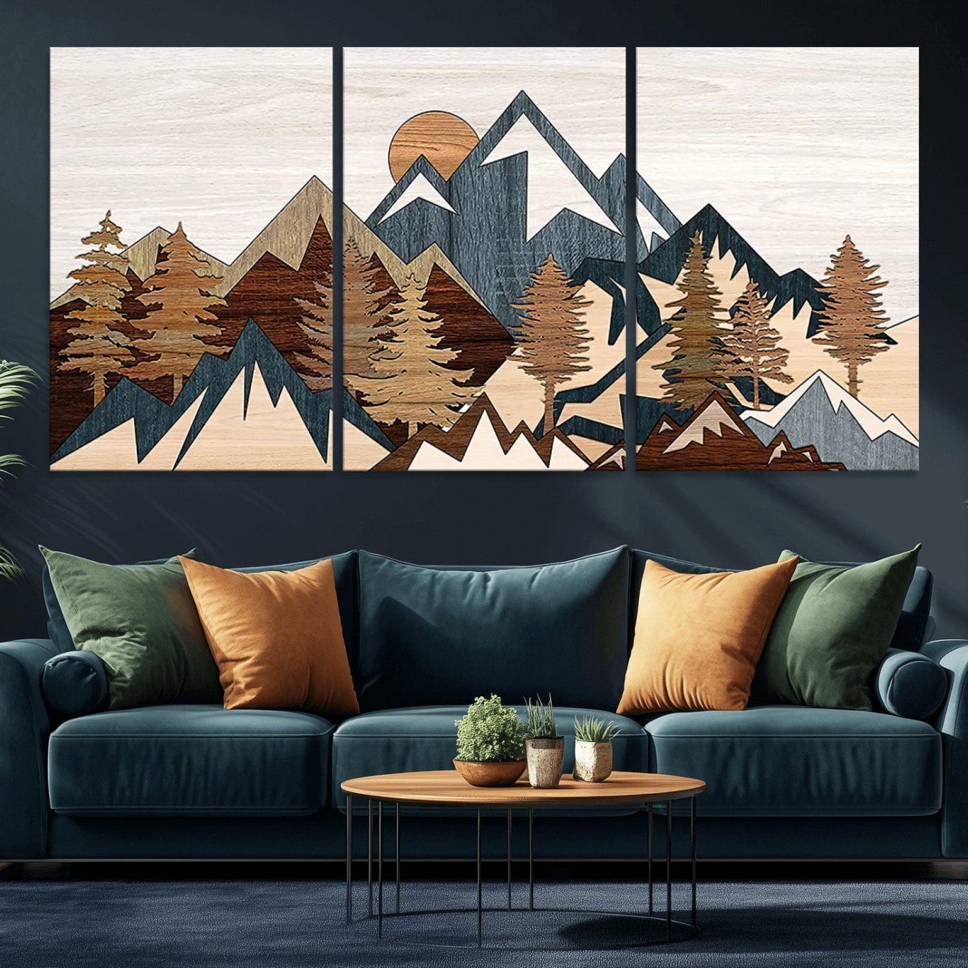 80300-MGV-CV-36X24-Geometric Mountains Wall Art Canvas Print, Framed Stylized Trees Art Picture Print, Graphic Forest Perfect Rustic Abstract Decor