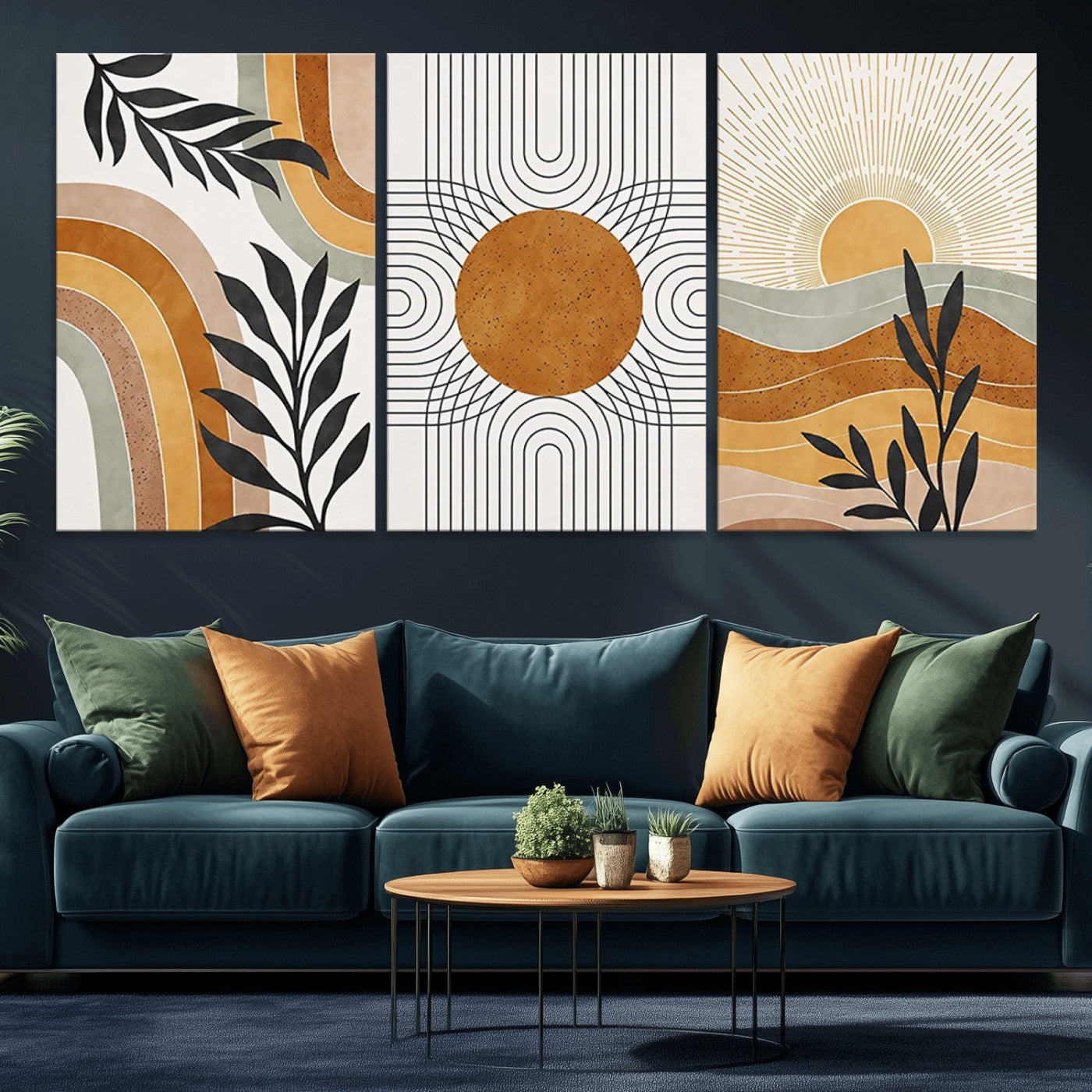 32359-MGV-CV-36X24-Modern Sun Wall Art Canvas Print, Framed Retro Horizon Art Picture Print, Sunburst Design Perfect Mid Century Boho Decor Artwork