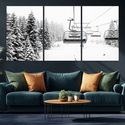 49274-MGV-CV-36X24-Snowy Forest Wall Art Canvas Print, Framed Ski Lift Art Picture Print, Mountain Snow Perfect Minimal Winter Lodge Decor Artwork