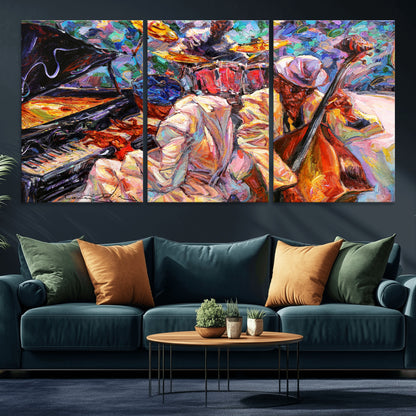13675-MGV-CV-36X24-Jazz Band Wall Art Canvas Print, Framed Jazz Oil Painting Art Picture Print, Vibrant Music Perfect Abstract Musical Decor Artwork