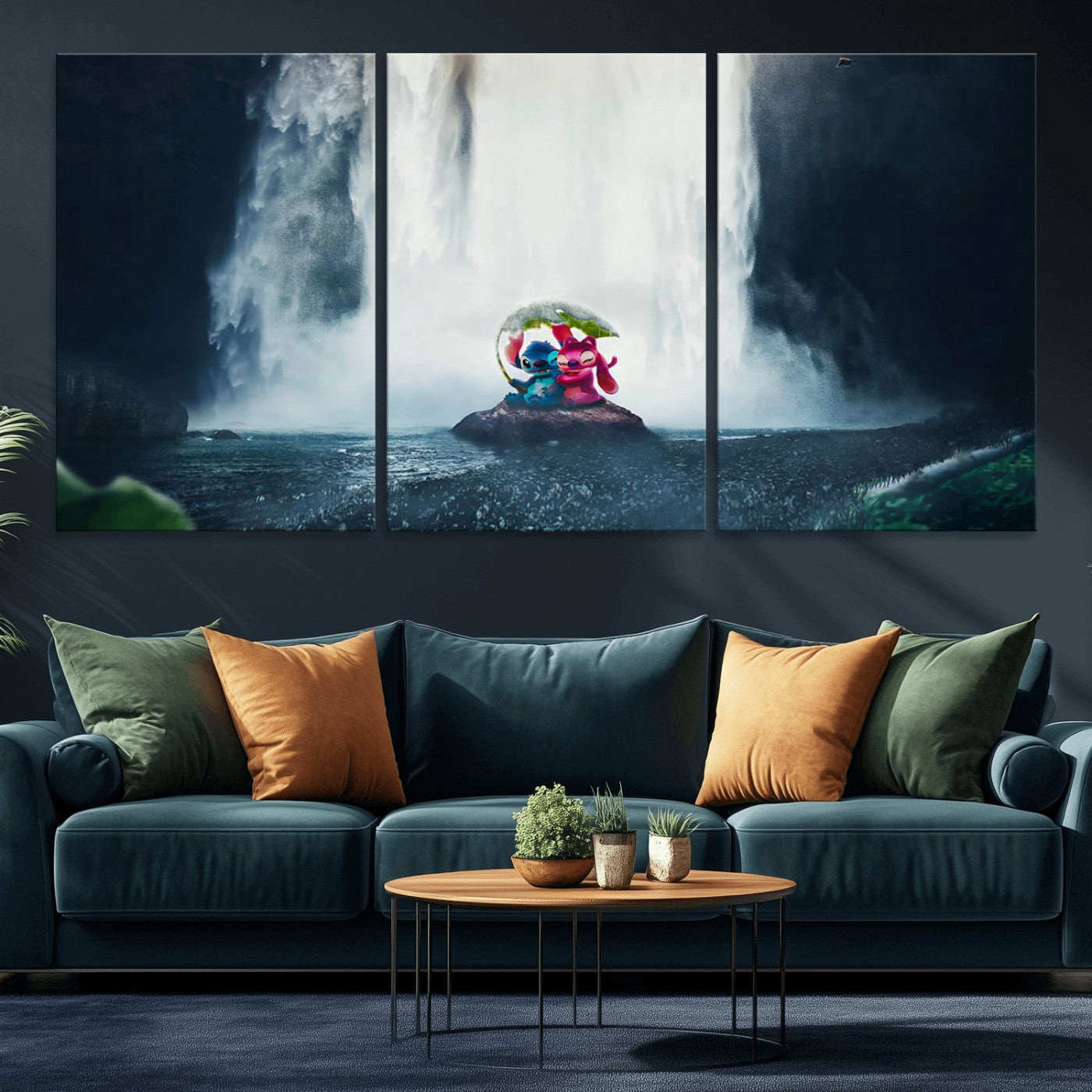 32259-MGV-CV-36X24-Stitch Angel Wall Art Canvas Print, Framed Stitch Waterfall Art Picture Print, Cartoon Couple Perfect Moody Fantasy Decor Artwork