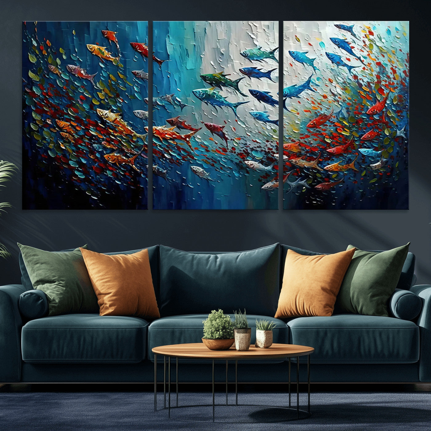 89626-MGV-CV-36X24-Fish Swarm Wall Art Canvas Print, Framed Abstract Ocean Art Picture Print, Underwater Life Perfect Vibrant Coastal Decor Artwork