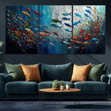 89626-MGV-CV-36X24-Fish Swarm Wall Art Canvas Print, Framed Abstract Ocean Art Picture Print, Underwater Life Perfect Vibrant Coastal Decor Artwork