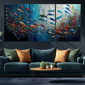 89626-MGV-CV-36X24-Fish Swarm Wall Art Canvas Print, Framed Abstract Ocean Art Picture Print, Underwater Life Perfect Vibrant Coastal Decor Artwork