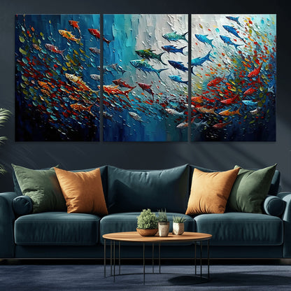 89626-MGV-CV-36X24-Fish Swarm Wall Art Canvas Print, Framed Abstract Ocean Art Picture Print, Underwater Life Perfect Vibrant Coastal Decor Artwork