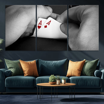 62460-MGV-CV-36X24-Poker Game Wall Art – Close Up of Hands Holding Aces with Chips, Casino Style Decor for Game Room, Man Cave or Office