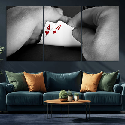 62460-MGV-CV-36X24-Poker Game Wall Art – Close Up of Hands Holding Aces with Chips, Casino Style Decor for Game Room, Man Cave or Office