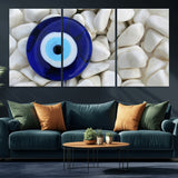 48883-MGV-CV-36X24-Evil Eye Wall Art – Deep Blue Symbol of Presence and Calm on White Stones, Subtle Spiritual Decor for Entryway, Studio, Office or