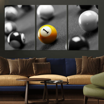 52108-MGV-CV-36X24-Precision Pool Table Wall Art – Close Up Yellow 1 Ball Canvas Print, Hand-Played Billiards Game Decor for Office, Game Room, or