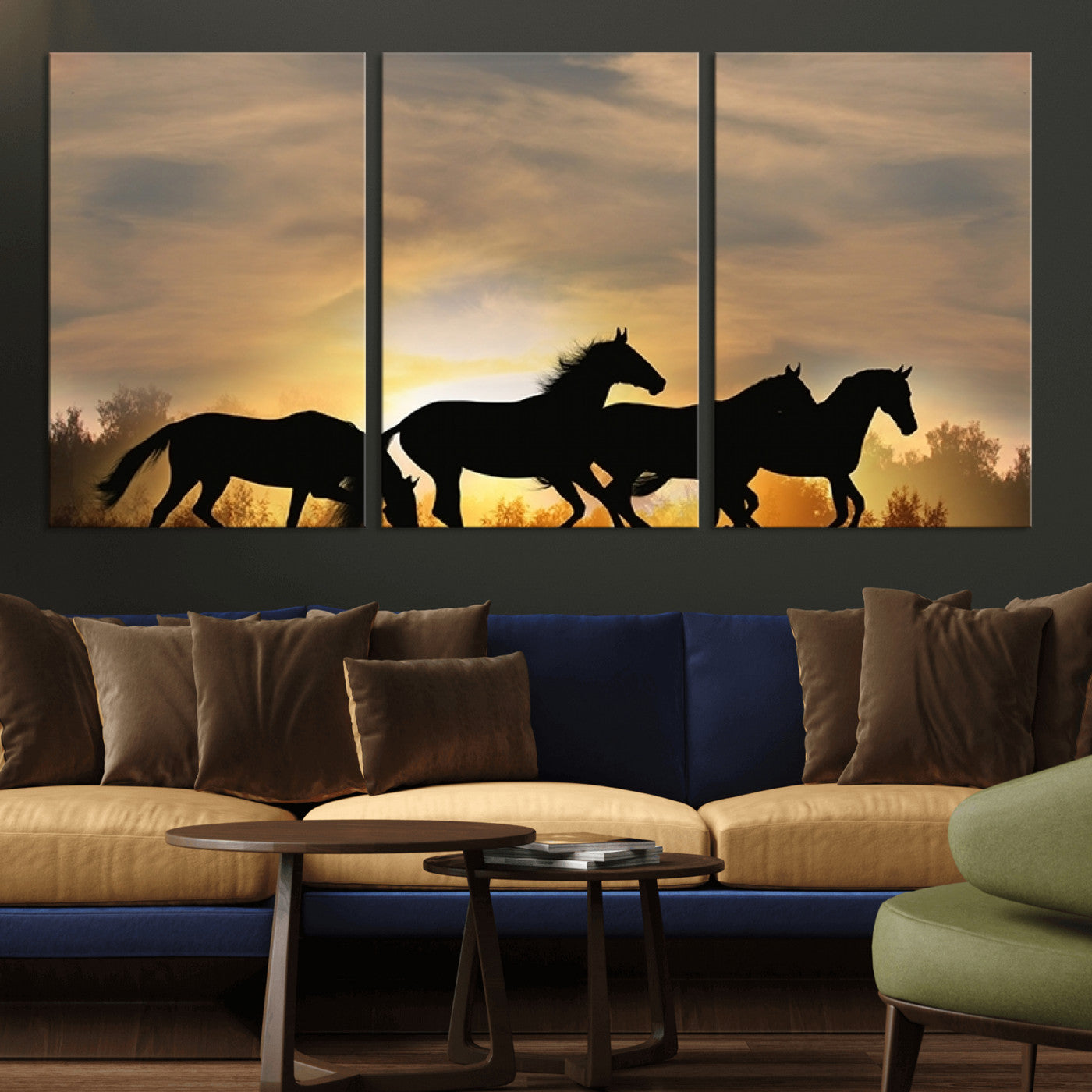 16620-MGV-CV-36X24-Sunset Stallions Wall Art – Silhouetted Horses Running Canvas Print, Nature’s Rhythm, Perfect for Living Room, Office, or Man Cave