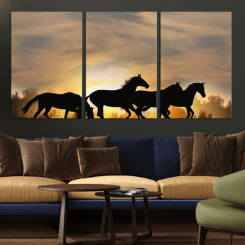16620-MGV-CV-36X24-Sunset Stallions Wall Art – Silhouetted Horses Running Canvas Print, Nature’s Rhythm, Perfect for Living Room, Office, or Man Cave