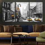 32362-MGV-CV-36X24-NYC Street Wall Art – Black and White Cityscape with Yellow Taxis and Umbrella Canvas Print, Urban Home Decor for Living Room or