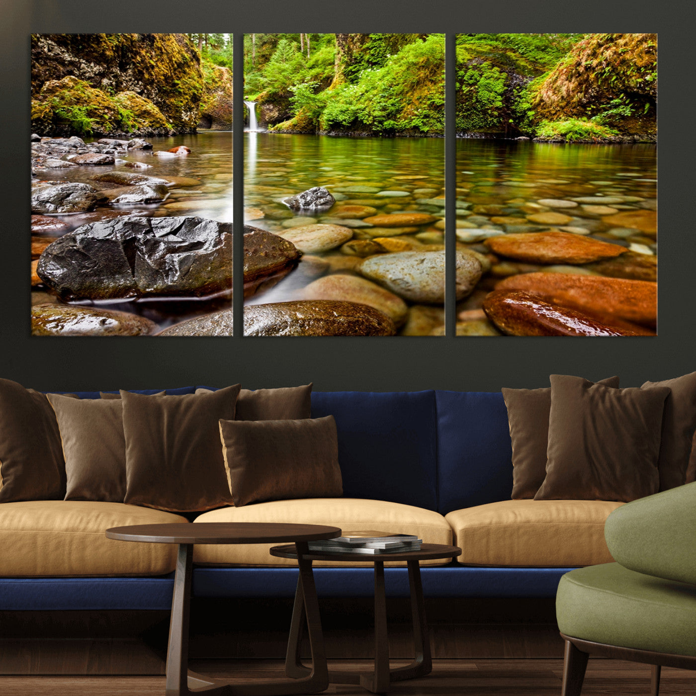 98096-MGV-CV-36X24-Serene River Waterfall Nature Photo – Calm Clear Water, Vibrant Green Forest and Smooth Stones Landscape Wall Art for Home or