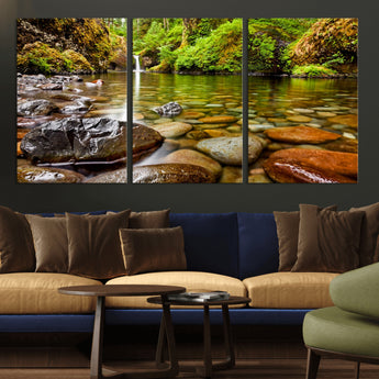 98096-MGV-CV-36X24-Serene River Waterfall Nature Photo – Calm Clear Water, Vibrant Green Forest and Smooth Stones Landscape Wall Art for Home or
