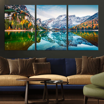10402-MGV-CV-36X24-Snowy Mountain Lake Wall Art – Autumn Landscape Canvas Print with Reflection, Nature Decor for Living Room, Office, Bedroom or