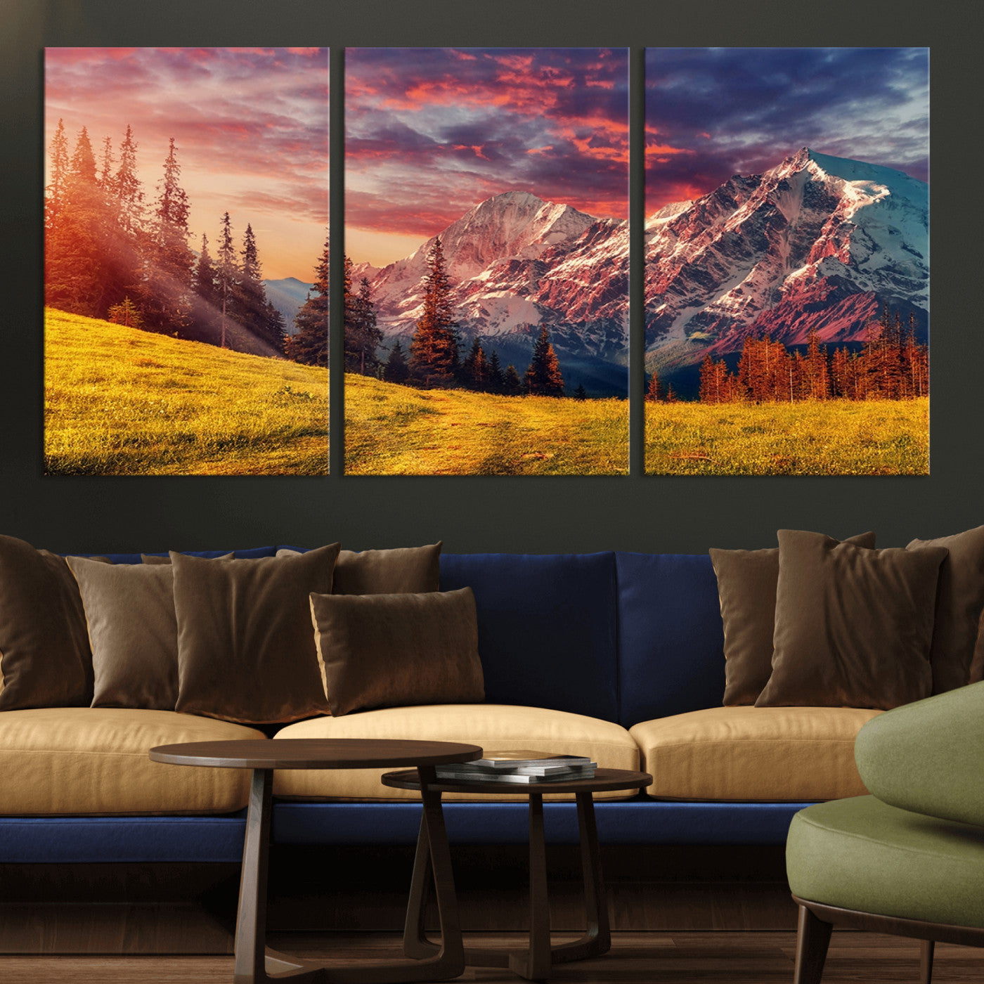 83947-MGV-CV-36X24-Sunset Mountain Landscape Wall Art – Panoramic Alpine Meadow and Snow Capped Peaks Canvas Print, Nature Scenic Decor for Home,
