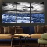 36012-MGV-CV-36X24-Dramatic Stormy Ocean Waves Black and White with Deep Blue Highlights – Moody Seascape Wall Art, Nature Photography Print for Home
