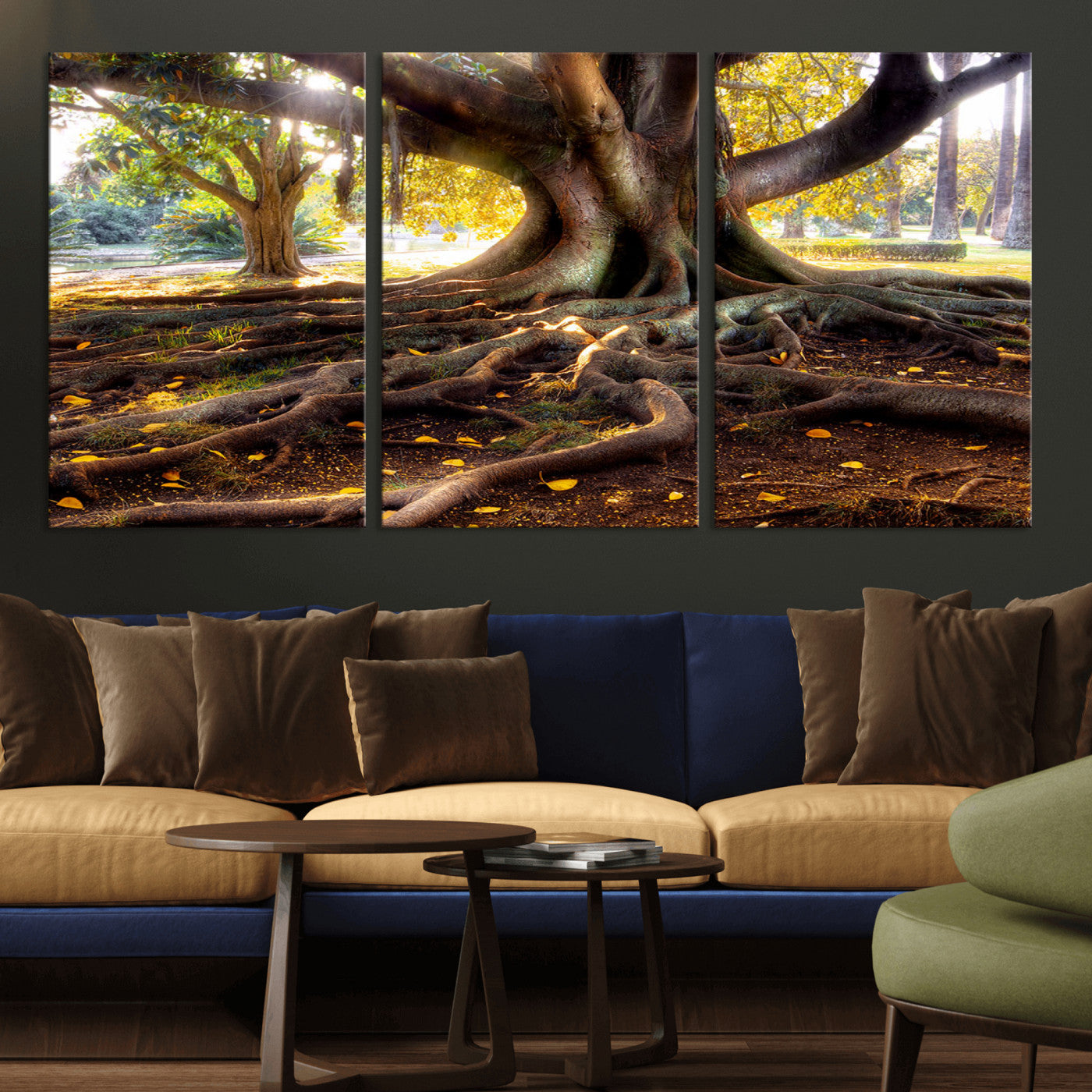 53335-MGV-CV-36X24-Majestic Tree with Sprawling Roots Wall Art – Serene Sunlit Park Scene, Nature Canvas Print, Perfect for Living Room, Office or