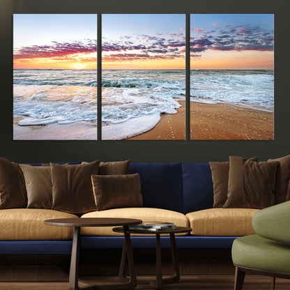 39560-MGV-CV-36X24-Sunrise Beach Wall Art – Vibrant Ocean Waves and Golden Sand Canvas Print, Seaside Coastal Decor for Living Room, Bedroom or