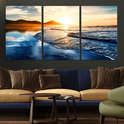 86173-MGV-CV-36X24-Golden Sunset Beach Wall Art – Reflective Ocean Canvas Print with Mountains and Waves, Coastal Nature Decor for Living Room,