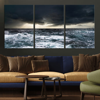 42607-MGV-CV-36X24-Stormy Ocean Wall Art – Dramatic Sea and Sky Canvas Print with Sun Rays, Moody Nature Decor for Living Room, Office, Bedroom or