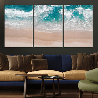 39236-MGV-CV-36X24-Ocean Beach Wall Art – Aerial View of Waves and Sand Canvas Print, Coastal Home Decor for Living Room, Bedroom, Office or Beach