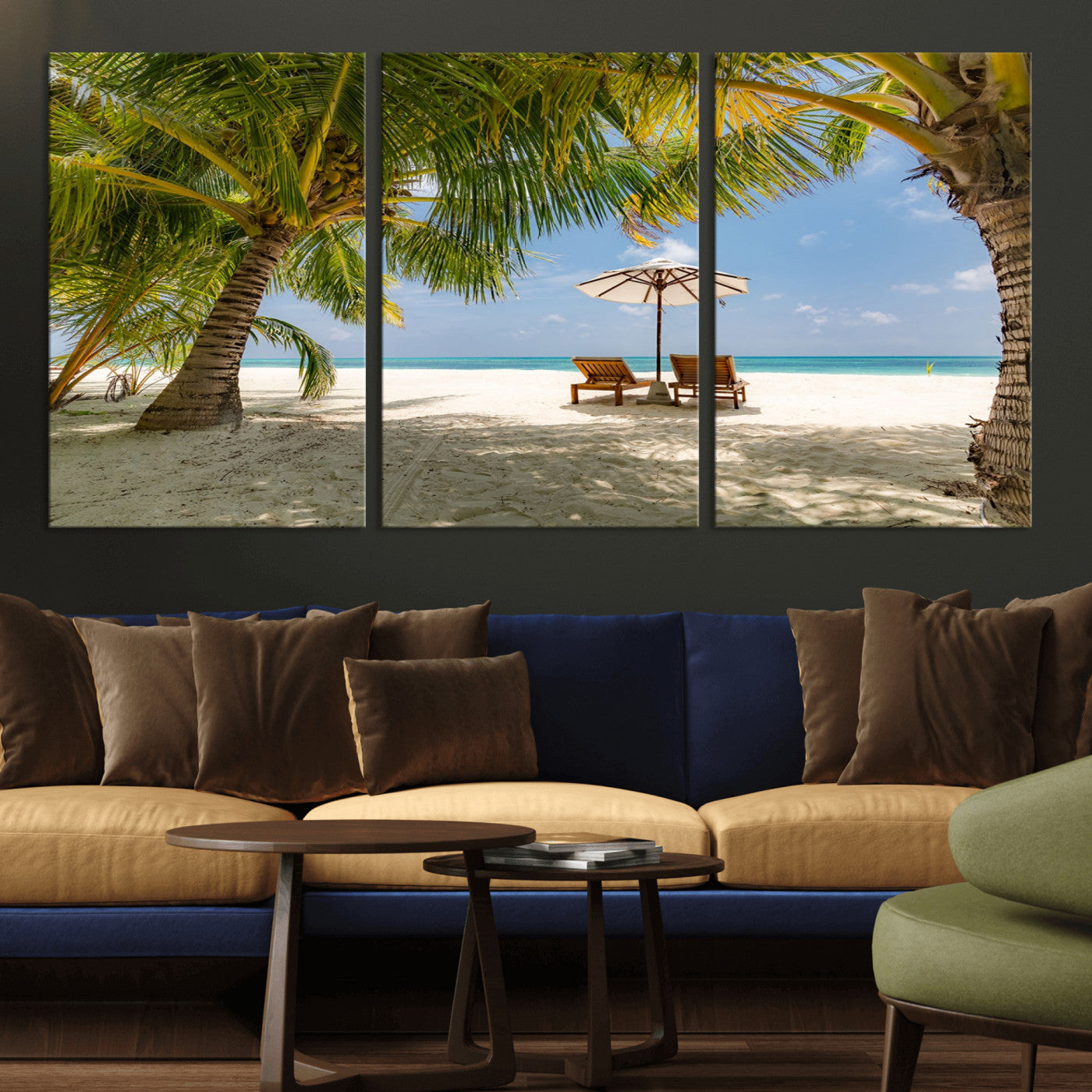 83601-MGV-CV-36X24-Tropical Beach Wall Art – Serene Palm Trees and Lounge Chairs Canvas Print, Relaxing Coastal Decor for Living Room, Bedroom or