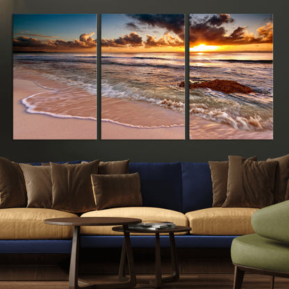38302-MGV-CV-36X24-Sunset Beach Wall Art – Stunning Ocean Waves and Rock Canvas Print, Warm Coastal Decor for Living Room, Bedroom, Office or Beach