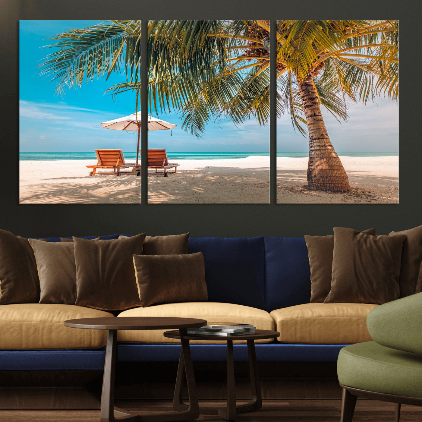 69754-MGV-CV-36X24-Tropical Beach Wall Art – Relaxing Palm Tree and Lounge Chairs Canvas Print, Serene Coastal Decor for Living Room, Bedroom, Office