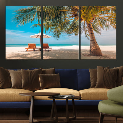 69754-MGV-CV-36X24-Tropical Beach Wall Art – Relaxing Palm Tree and Lounge Chairs Canvas Print, Serene Coastal Decor for Living Room, Bedroom, Office
