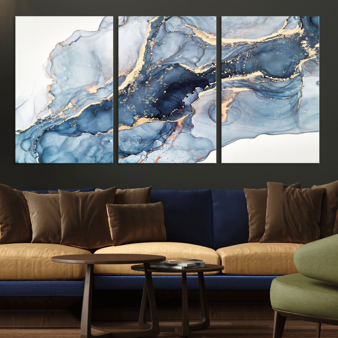 33782-MGV-CV-36X24-Abstract Marble Wall Art – Blue & Gold Fluid Painting Canvas Print, Modern Home Decor for Living Room, Bedroom or Office