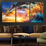 52890-MGV-CV-36X24-Surfing Wave Wall Art Canvas Print, Framed Sunset Ocean Art Picture Print, Ocean Wave Perfect Nautical Decor Artwork