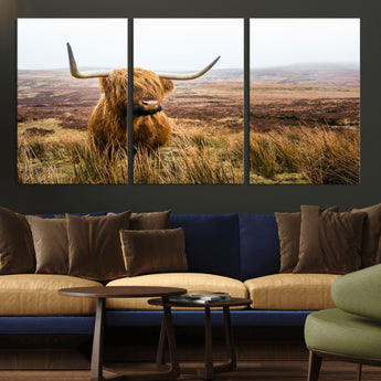 79391-MGV-CV-36X24-Majestic Highland Cow in Misty Scottish Moorland – Rustic Natural Charm, Perfect for Unique Home or Office Decor
