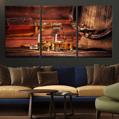 21266-MGV-CV-36X24-Pouring Whiskey into Glasses with Ice – Rustic Wooden Barrel Background, Warm Ambient Lighting, Ideal Decor for Home or Office