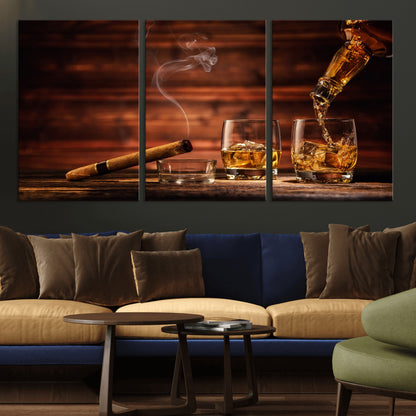 41139-MGV-CV-36X24-Whiskey and Cigar Still Life – Glasses with Ice and Pouring Amber Drink on Wooden Table with Smoke, Elegant Bar or Lounge Wall