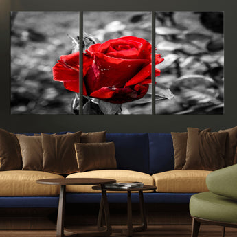 84671-MGV-CV-36X24-Red Rose Wall Art – Vibrant Single Bloom Canvas Print with Black and White Background, Elegant Floral Decor for Living Room,