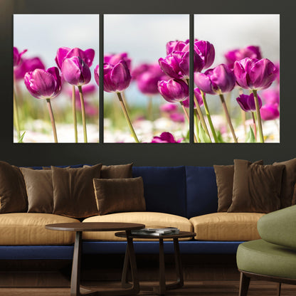 30632-MGV-CV-36X24-Purple Tulip Field Wall Art – Beautiful Spring Flowers Canvas Print with Soft Focus and Bright Sky, Ideal Floral Decor for Home or