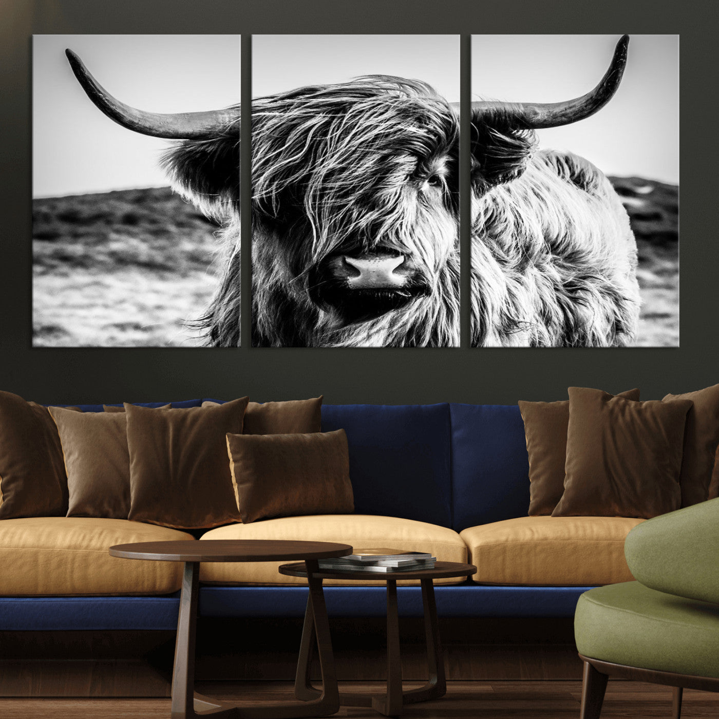 36979-MGV-CV-36X24-Striking black-and-white portrait of a Highland cow with flowing fur and majestic horns, perfect for rustic and elegant home or
