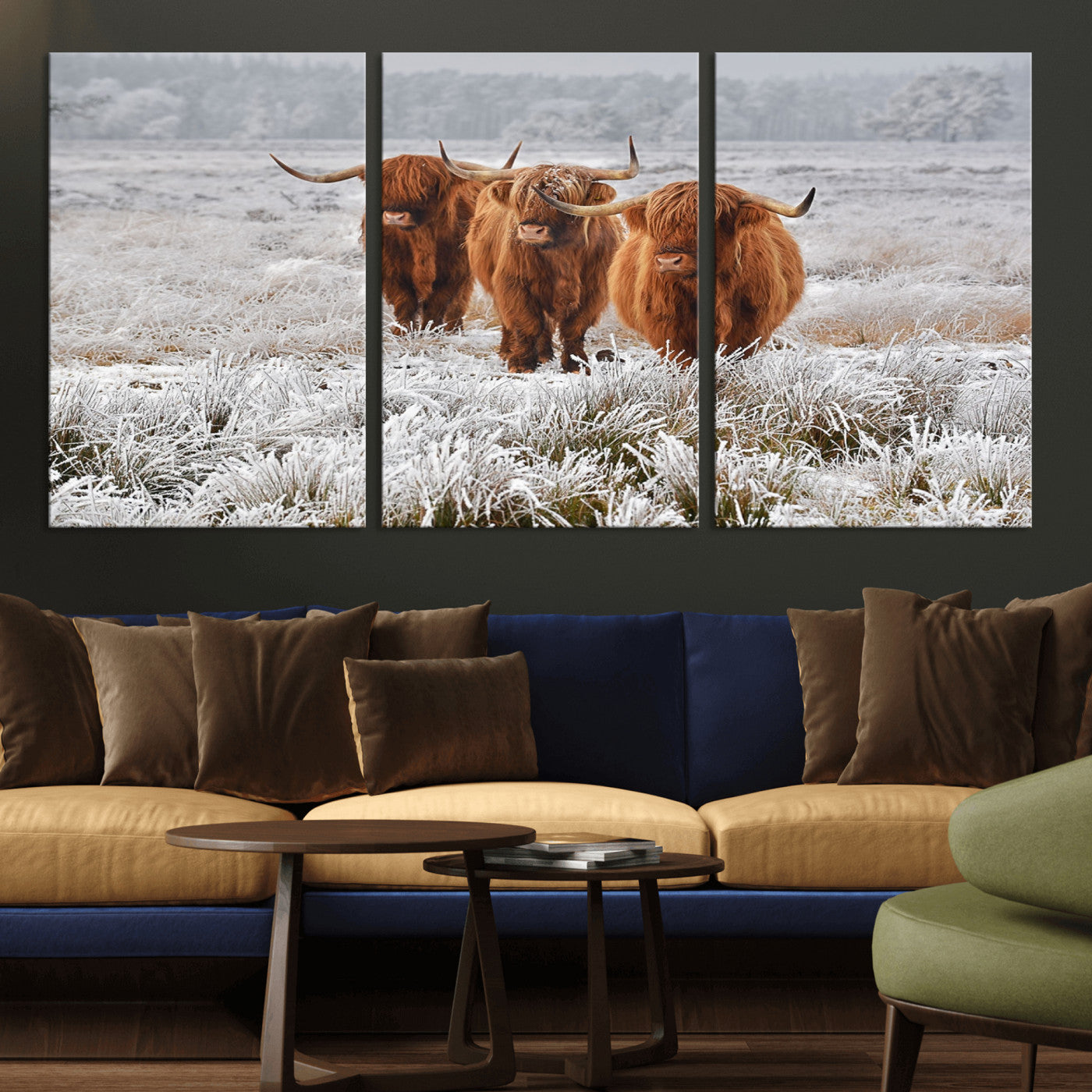 10396-MGV-CV-36X24-Highland Cattle Wall Art – Rustic Winter Landscape Canvas Print, Farmhouse Decor for Living Room, Office, Cabin or Country Home