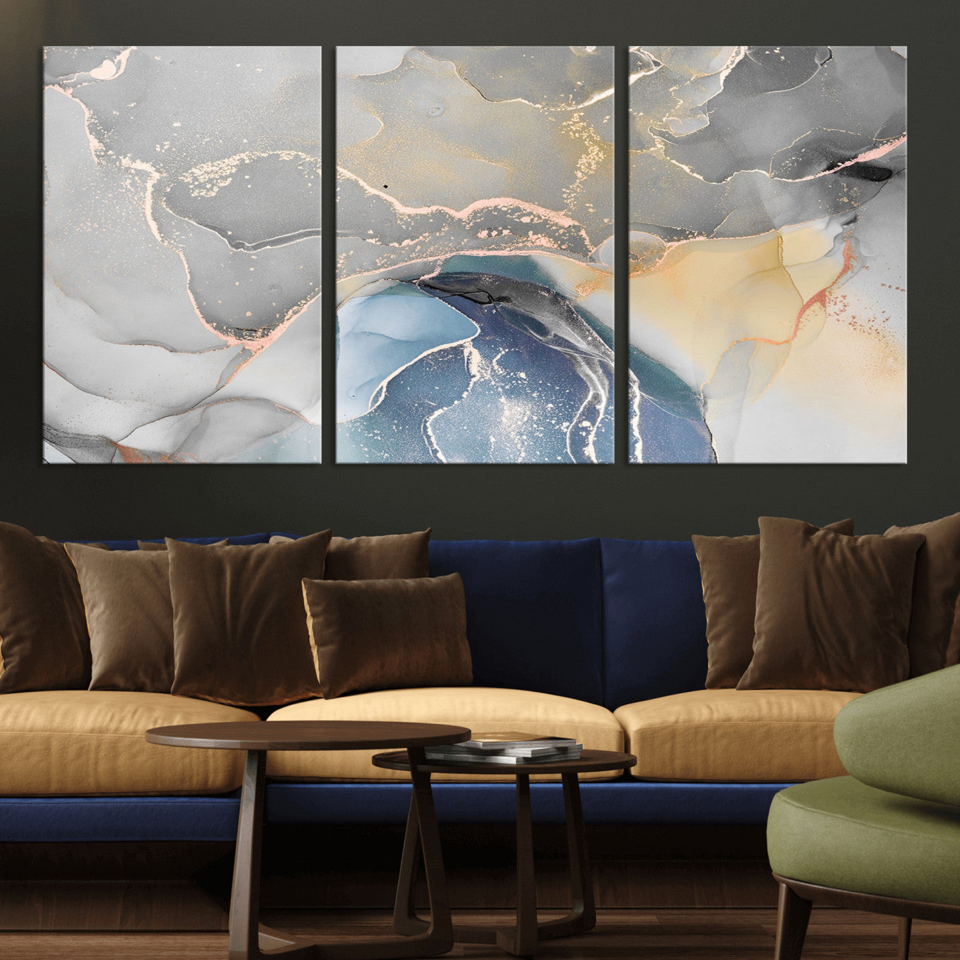 63211-MGV-CV-36X24-Abstract Fluid Art Wall Decor – Blue, Gray & Gold Canvas Print, Modern Home and Office Wall Art Decor for Living Room, Bedroom or