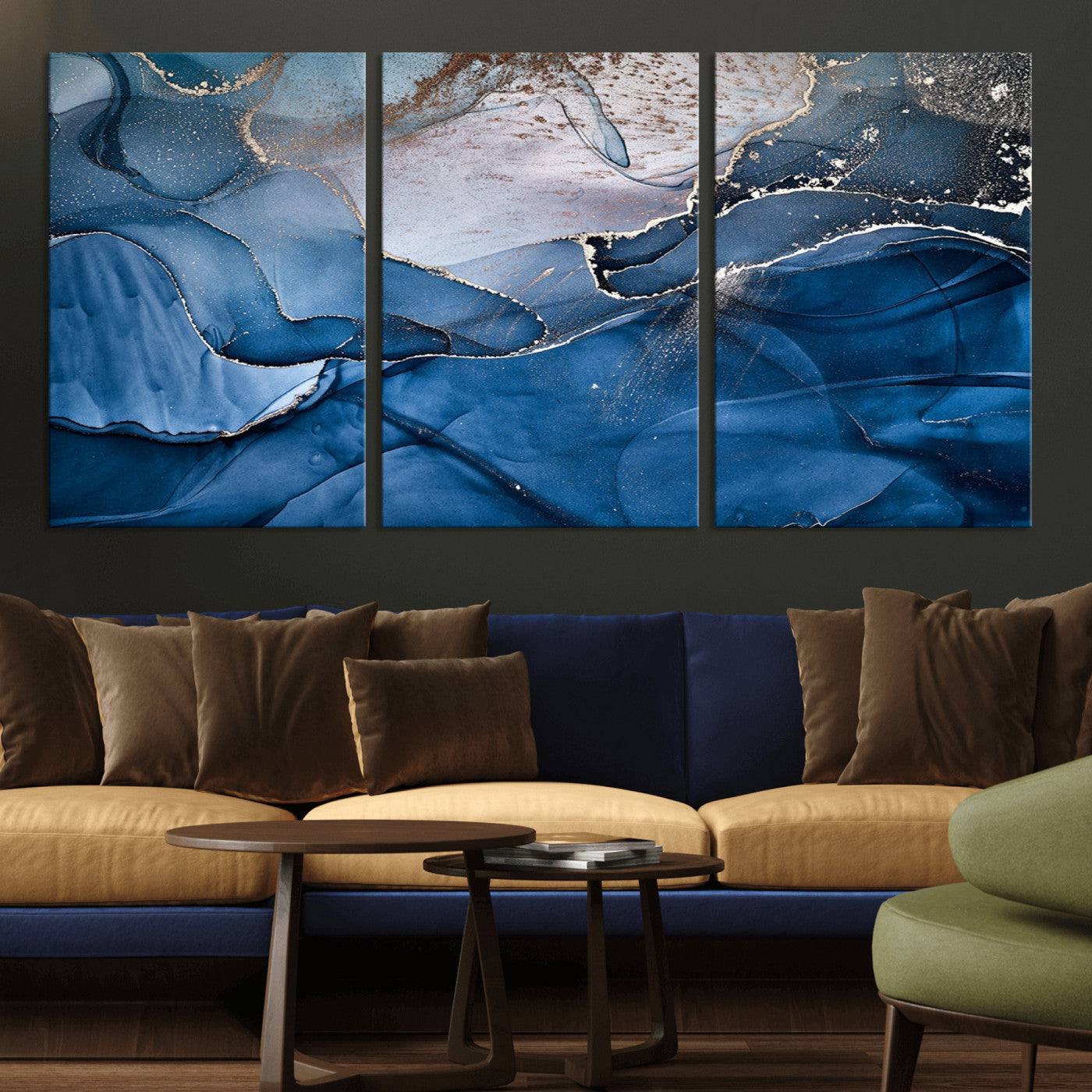 27810-MGV-CV-36X24-Abstract Blue Gold Fluid Art Wall – Modern Canvas Print, Elegant Home & Office Wall Art, Stylish Living Room or Bedroom Decor