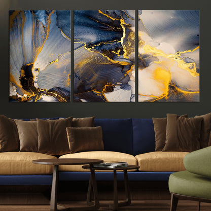 42100-MGV-CV-36X24-Golden Flow Abstract Wall Art – Panoramic Modern Blue and Gold Canvas Print, Contemporary Artistic Decor for Home, Office