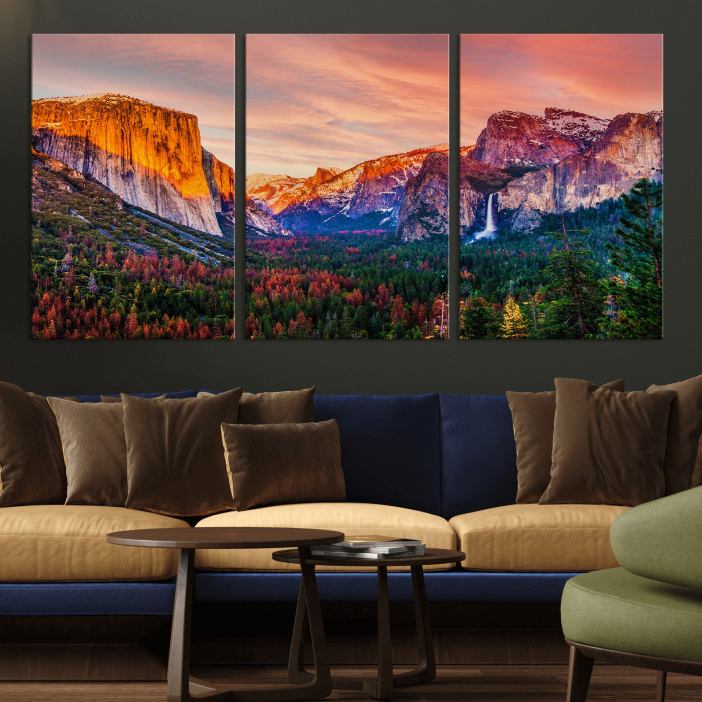 24519-MGV-CV-36X24-Yosemite Valley Sunset Wall Art – Majestic Mountain Landscape with Waterfall and Vibrant Sky, Nature Photography for Home or
