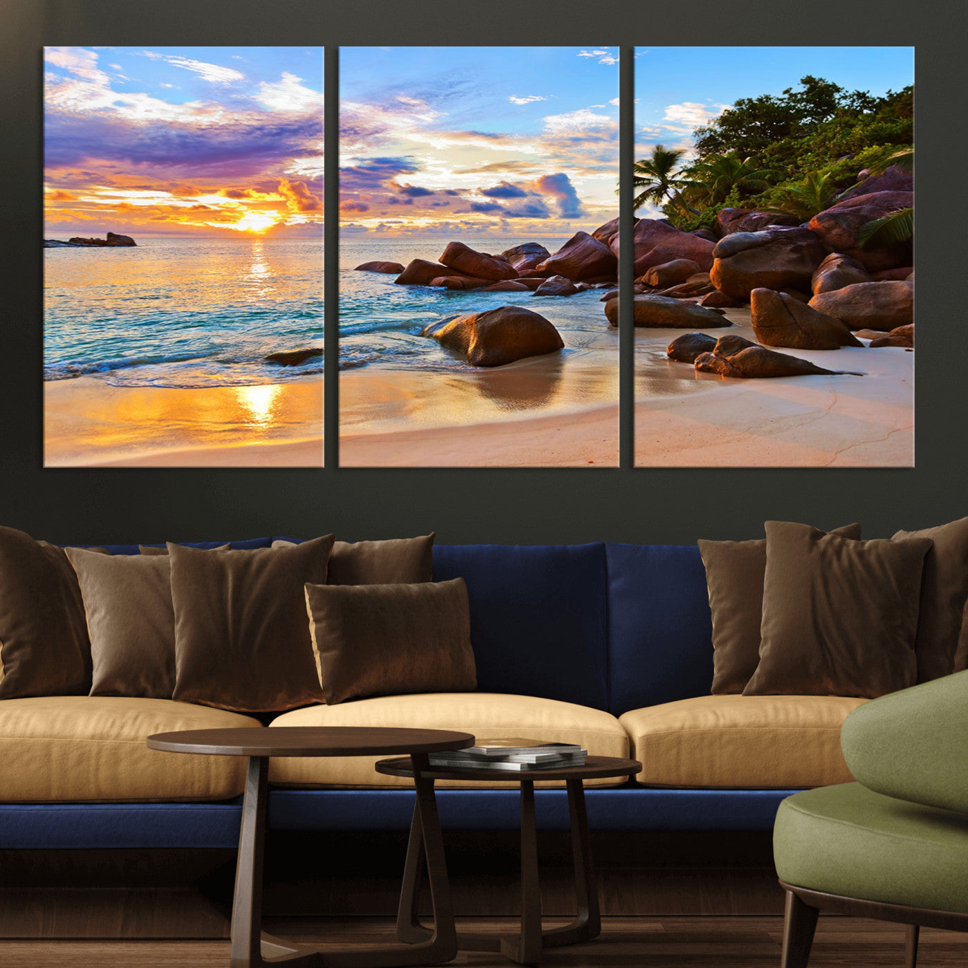 43209-MGV-CV-36X24-Tropical Beach Sunset Wall Art – Golden Ocean Waves and Palm Trees with Rocky Shore Canvas Print, Coastal Seascape Decor for