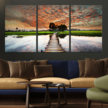 29105-MGV-CV-36X24-Rustic Wooden Bridge Wall Art – Scenic Sunset Over Rice Fields and Reflective Water Canvas Print, Nature Landscape Decor for