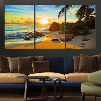 26181-MGV-CV-36X24-Golden Tropical Sunset Beach Wall Art – Ocean Canvas Print with Palm Trees and Rocks, Coastal Paradise Decor for Living Room or