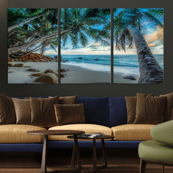 39679-MGV-CV-36X24-Tropical Palm Beach Wall Art – Serene Ocean Canvas Print with Palm Trees and Rocks, Coastal Paradise Decor for Living Room or