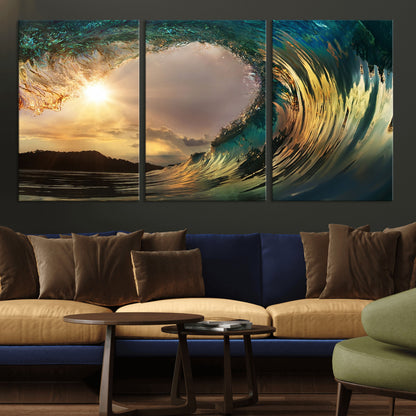 38256-MGV-CV-36X24-Ocean Wave Wall Art – Stunning Sunrise Through Curling Wave Canvas Print, Coastal Surf Photography Seascape Decor for Living Room,