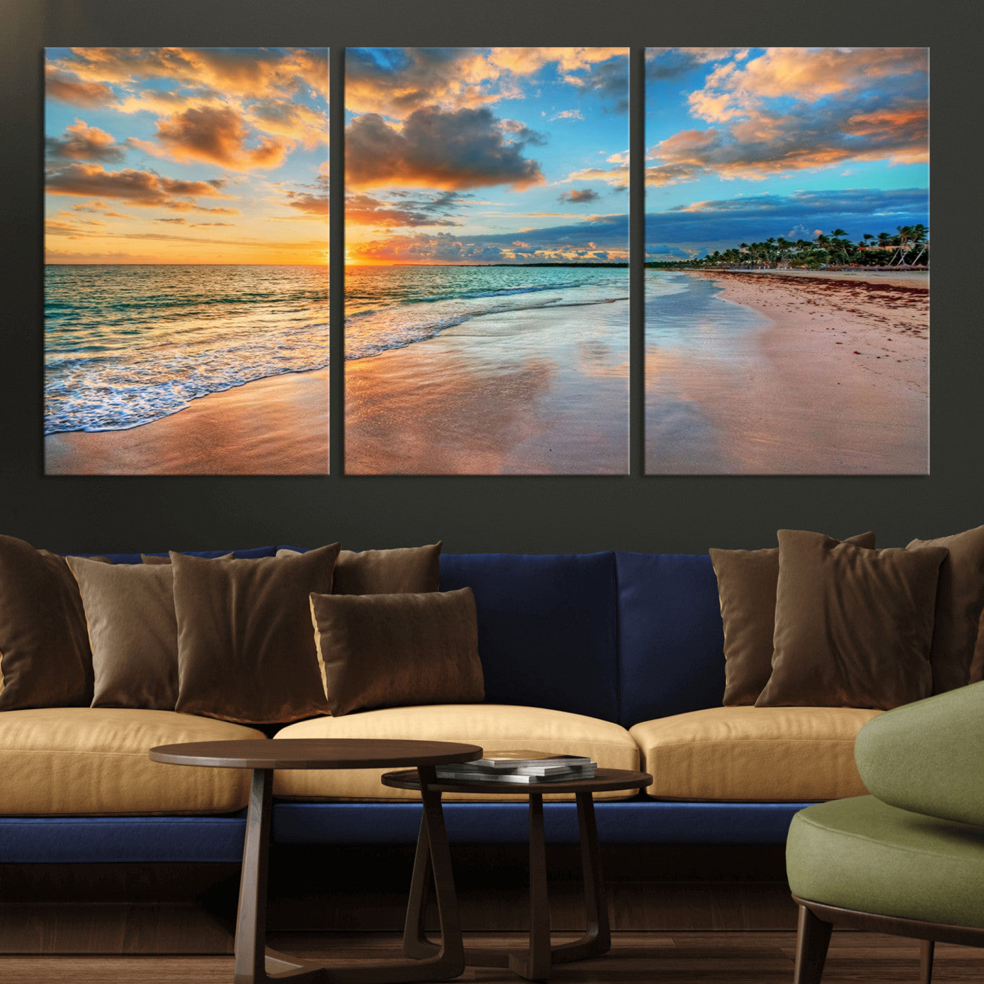 41572-MGV-CV-36X24-Sunset Beach Wall Art – Ocean Waves and Palm Trees Canvas Print, Tropical Coastal Sunset Seascape Decor for Living Room, Bedroom