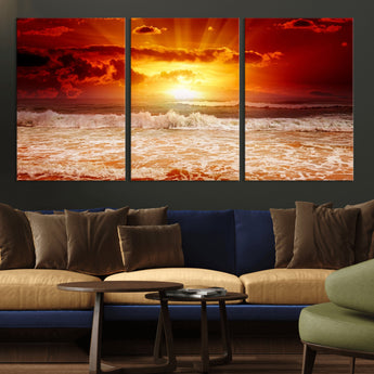 60211-MGV-CV-36X24-Fiery Sunset Ocean Wall Art – Red Sky Seascape Canvas Print with Waves, Bold Coastal Sunset Decor for Living Room or Bedroom
